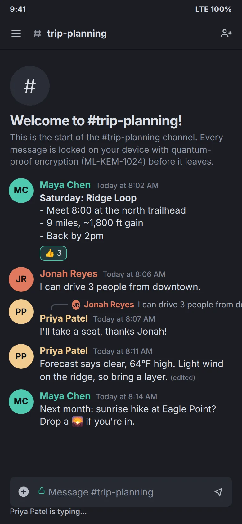 Phone mockup of the Anzen chat screen in the Weekend Hikers workspace, channel trip-planning. Maya Chen’s Saturday plan has three thumbs-up reactions. Priya Patel replies to Jonah Reyes and an edited forecast sits below.