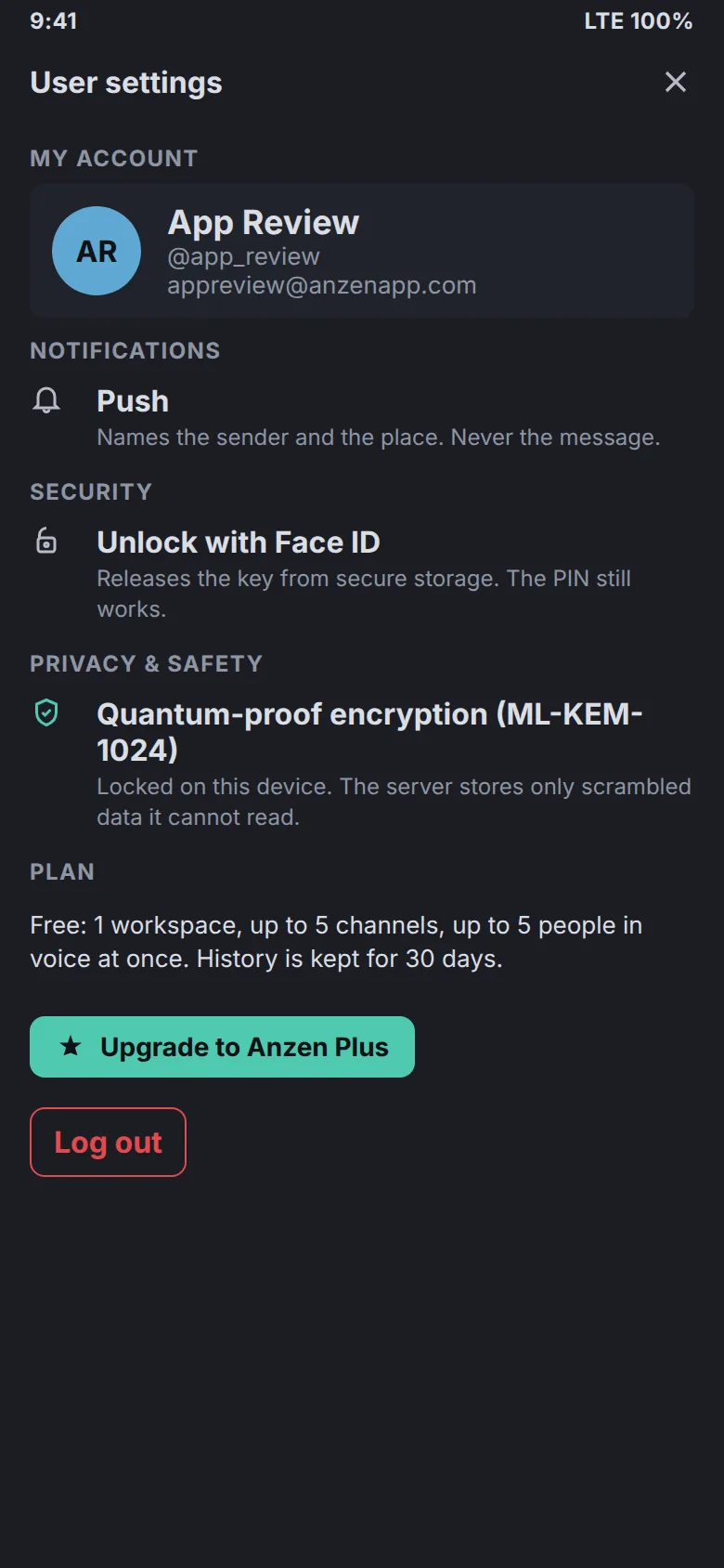 Phone mockup of Anzen user settings for the App Review demo account, showing Quantum-proof encryption (ML-KEM-1024) and the Free plan, 1 workspace, up to 5 channels, up to 5 people in voice at once, and 30 days of history.