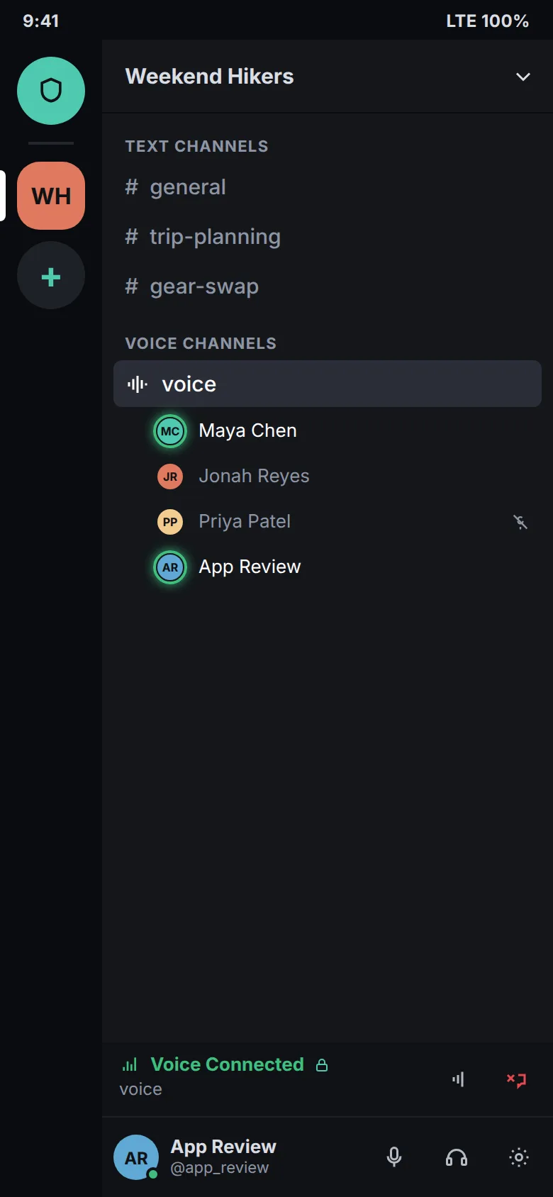 Phone mockup of the Anzen channel list for Weekend Hikers. The voice channel shows Maya Chen and App Review speaking, with green speaking rings, and a Voice Connected panel with a lock.